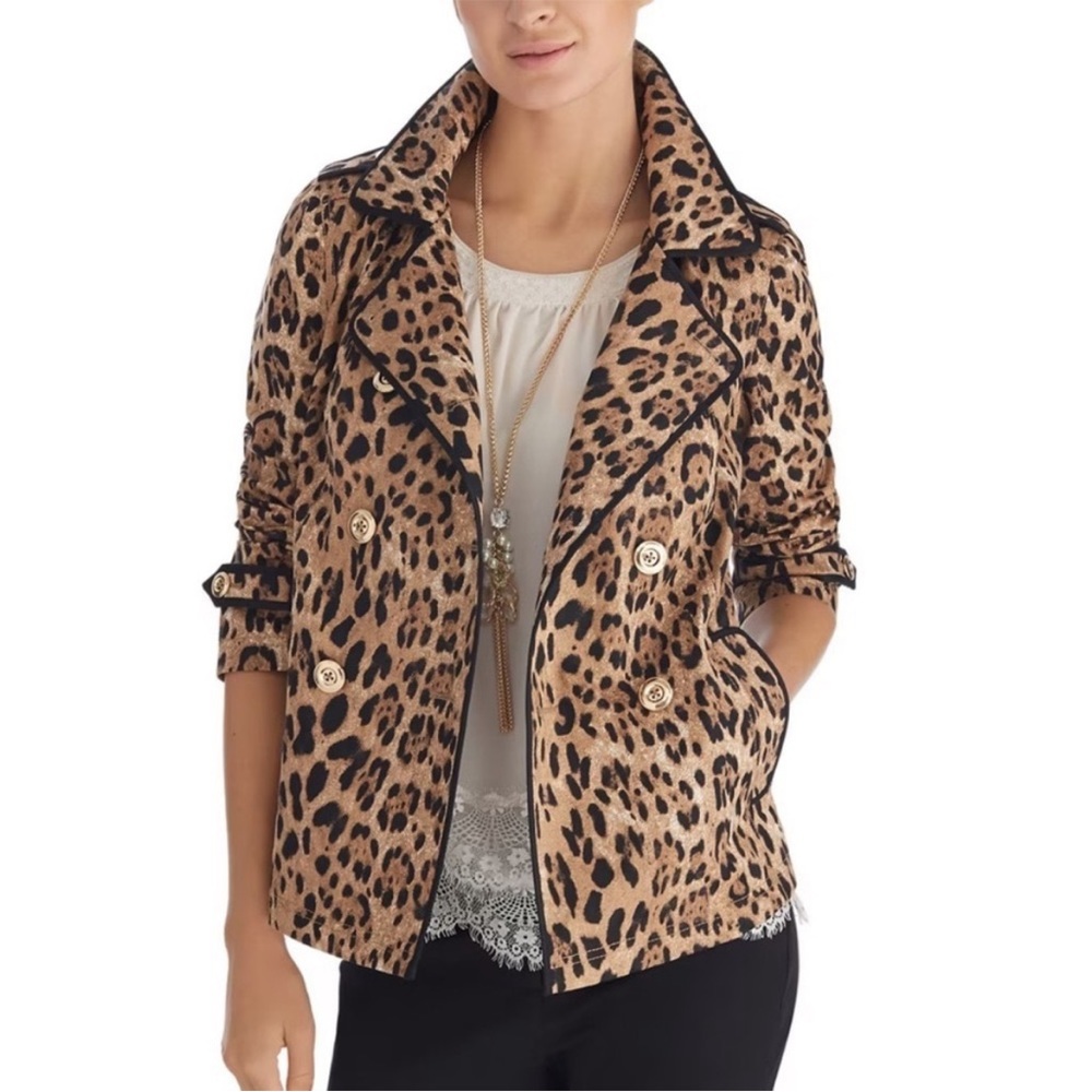 WHBM Leopard‎ Print Double Breasted Swing Trench … - image 1